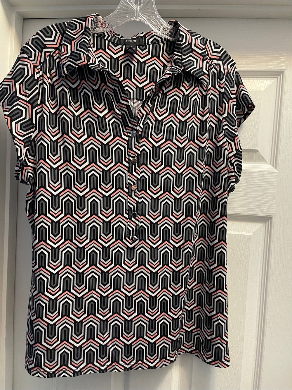 Alfani Black & Pink Geometric Cap-Sleeve Blouse